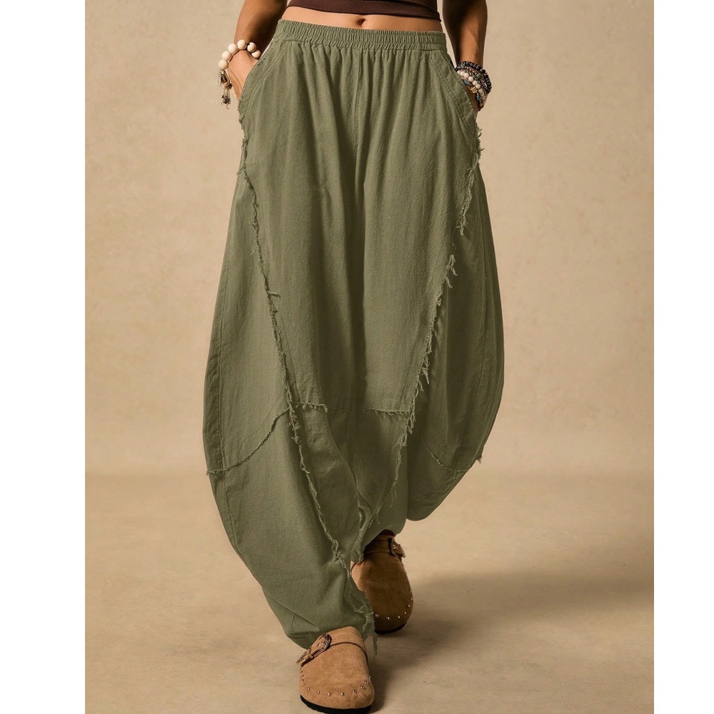 Boho Rust Brown Solid Stretchy waist Pockets Frayed Detail Harem Pants - Picture 3 of 10